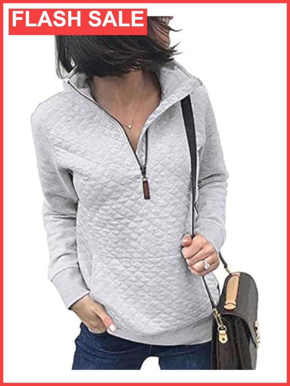 Quarter Zip Quilted Pullover Sweatshirt Kangaroo Pocket Loose Fit